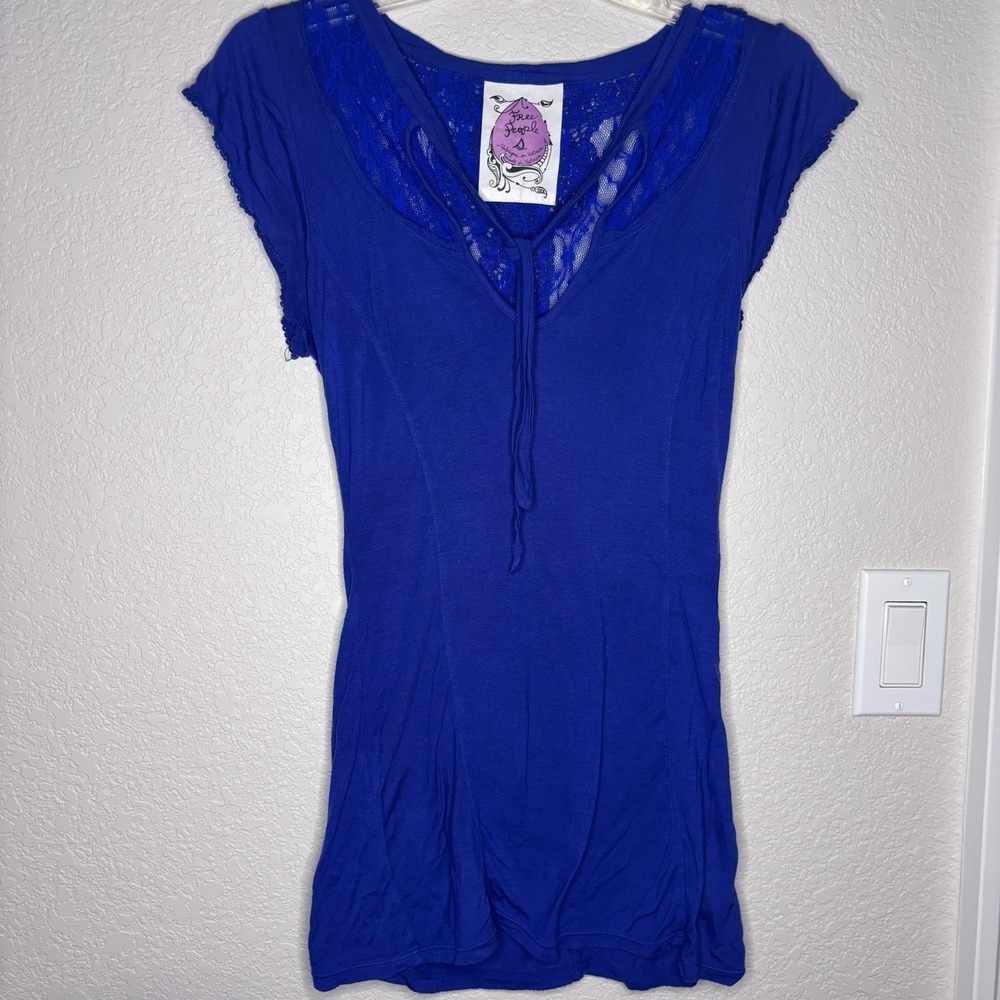 Free People Women's Royal Blue Tunic, Lace‎ Back, Flutter Sleeve  Size M